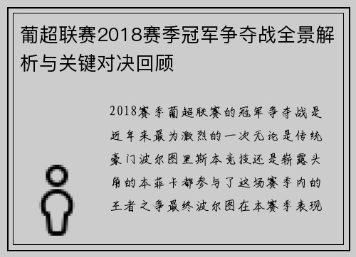 葡超联赛2018赛季冠军争夺战全景解析与关键对决回顾