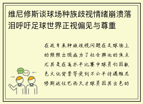维尼修斯谈球场种族歧视情绪崩溃落泪呼吁足球世界正视偏见与尊重