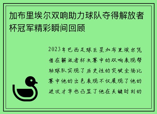 加布里埃尔双响助力球队夺得解放者杯冠军精彩瞬间回顾