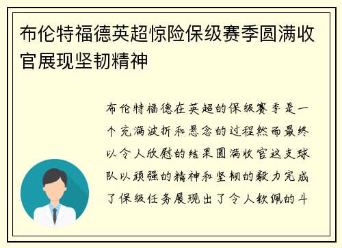 布伦特福德英超惊险保级赛季圆满收官展现坚韧精神