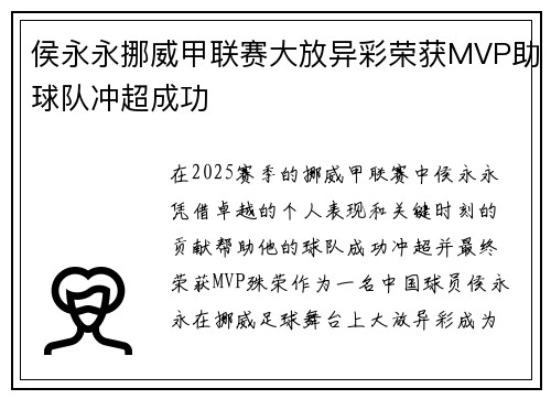 侯永永挪威甲联赛大放异彩荣获MVP助球队冲超成功